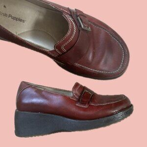 Hush Puppies red leather wedge loafers buckle detail comfort sole vintage look